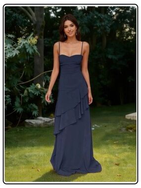 Cicinia Elegant Navy Spaghetti-Strap Ruffle Maxi Dress Prom